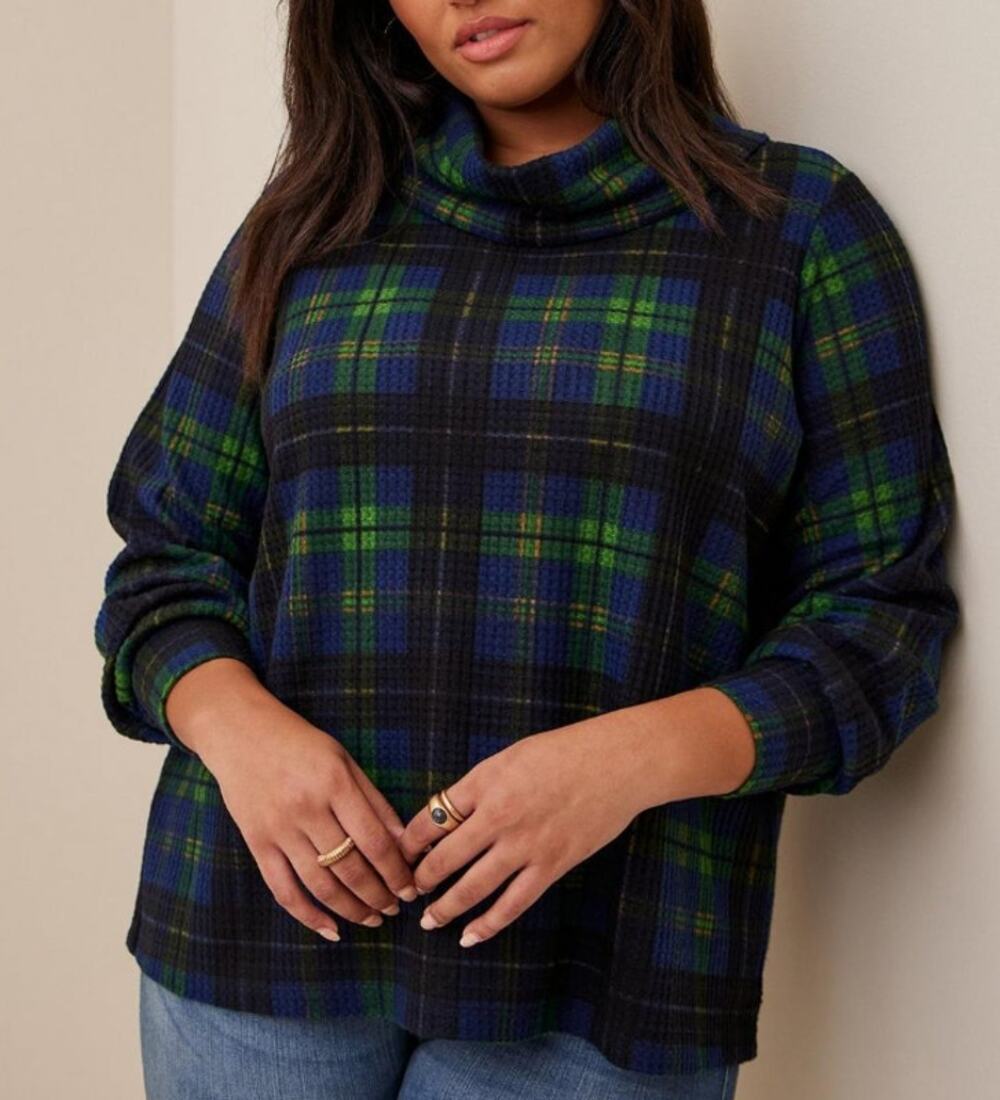 TORRID Brushed Waffle Cowl Neck Top Long Sleeve Knitted Plaid Blue Green Size 10